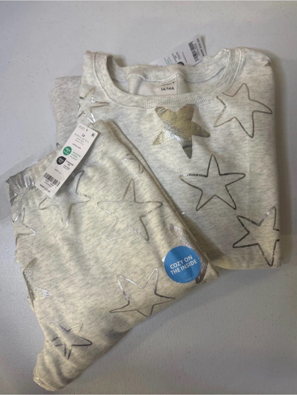 Kids Star Print Cozy Pajama Set - Light Heather Gray with Silver Stars